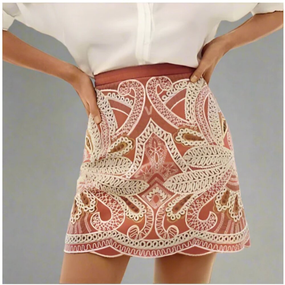 Anthropologie Beaded Mini Skirt 4 Pink Cotton Embroidered Boho Scallop Hem